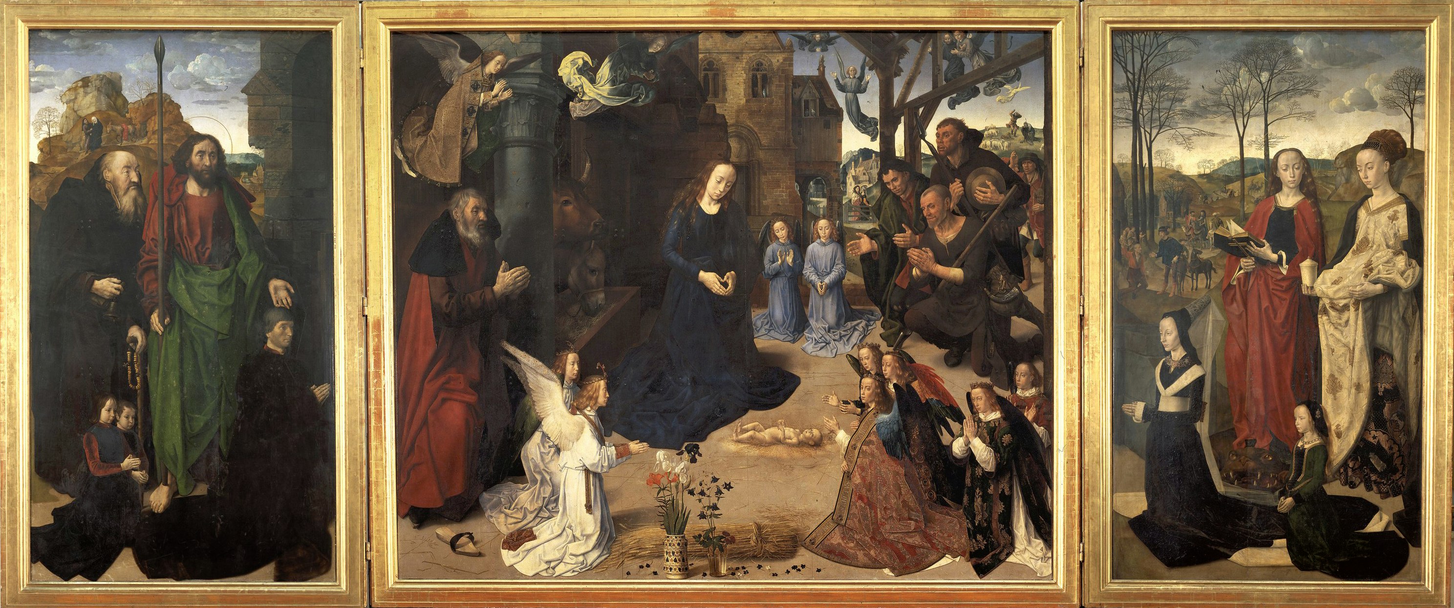 Adoration of the Shepherds with angels and Saint Thomas, Saint Anthony, Saint Margaret, Mary Magdalen and the Portinari family (recto); Annunciation (verso)