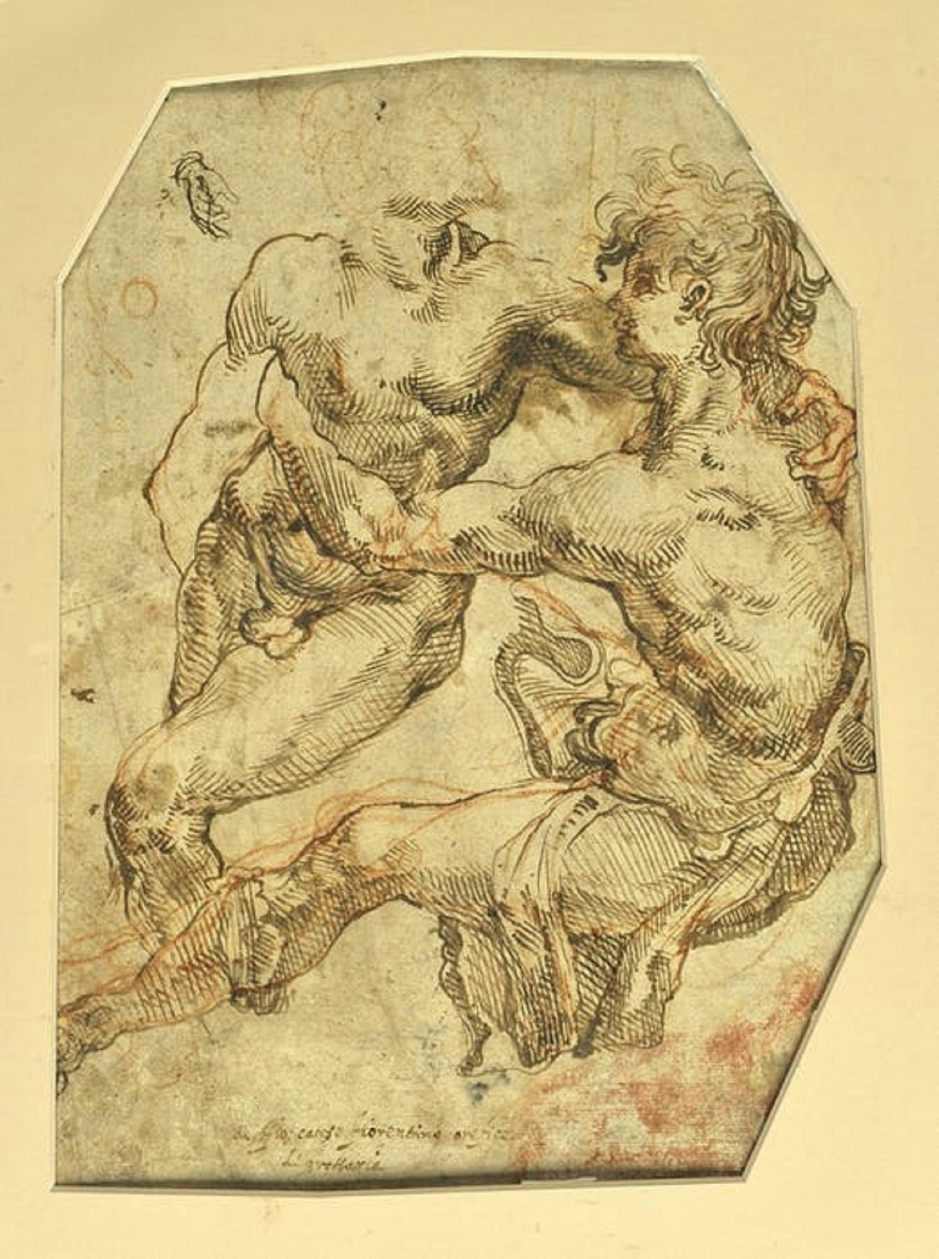 Male Figure with Book; Partial Study of Ornamental Leaf Motif (front). Two Embracing Male Figures; Hand Study (reverse)