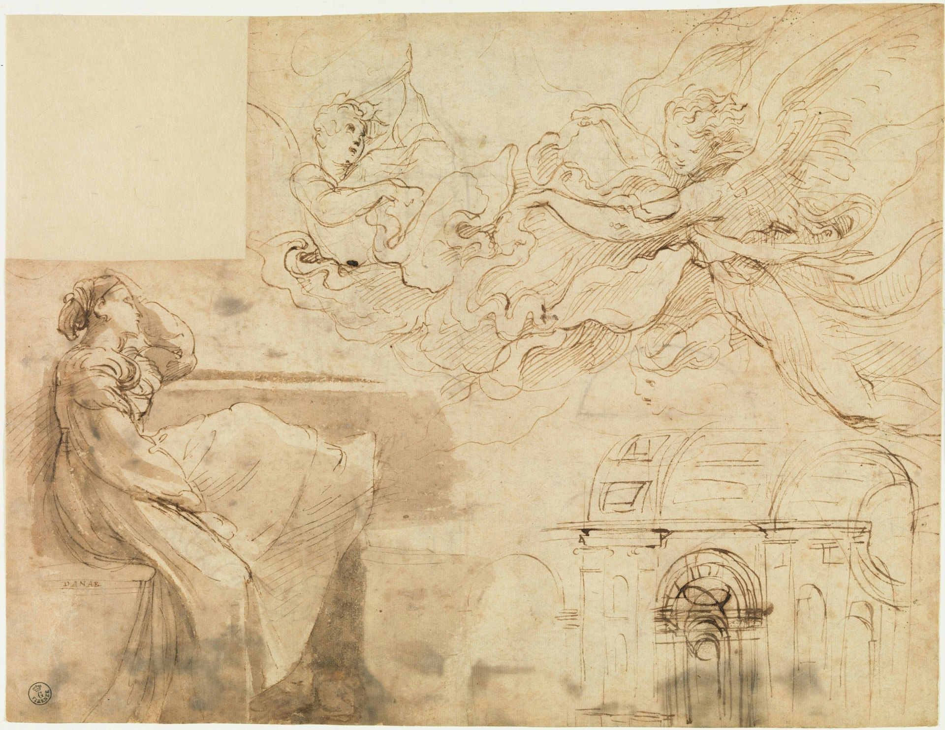 Young woman seated on the parapet of a window and other studies of figures and architecture
