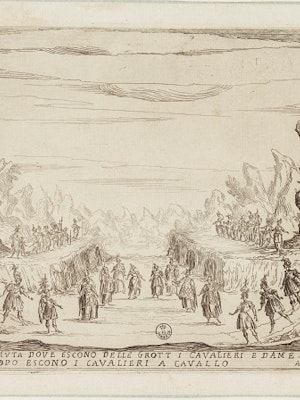 The Liberation of Ruggiero from the island of Alcina. Fourth change of scene in which the knights and ladies leave the cav[es] The knights on horseback come out afterwards.