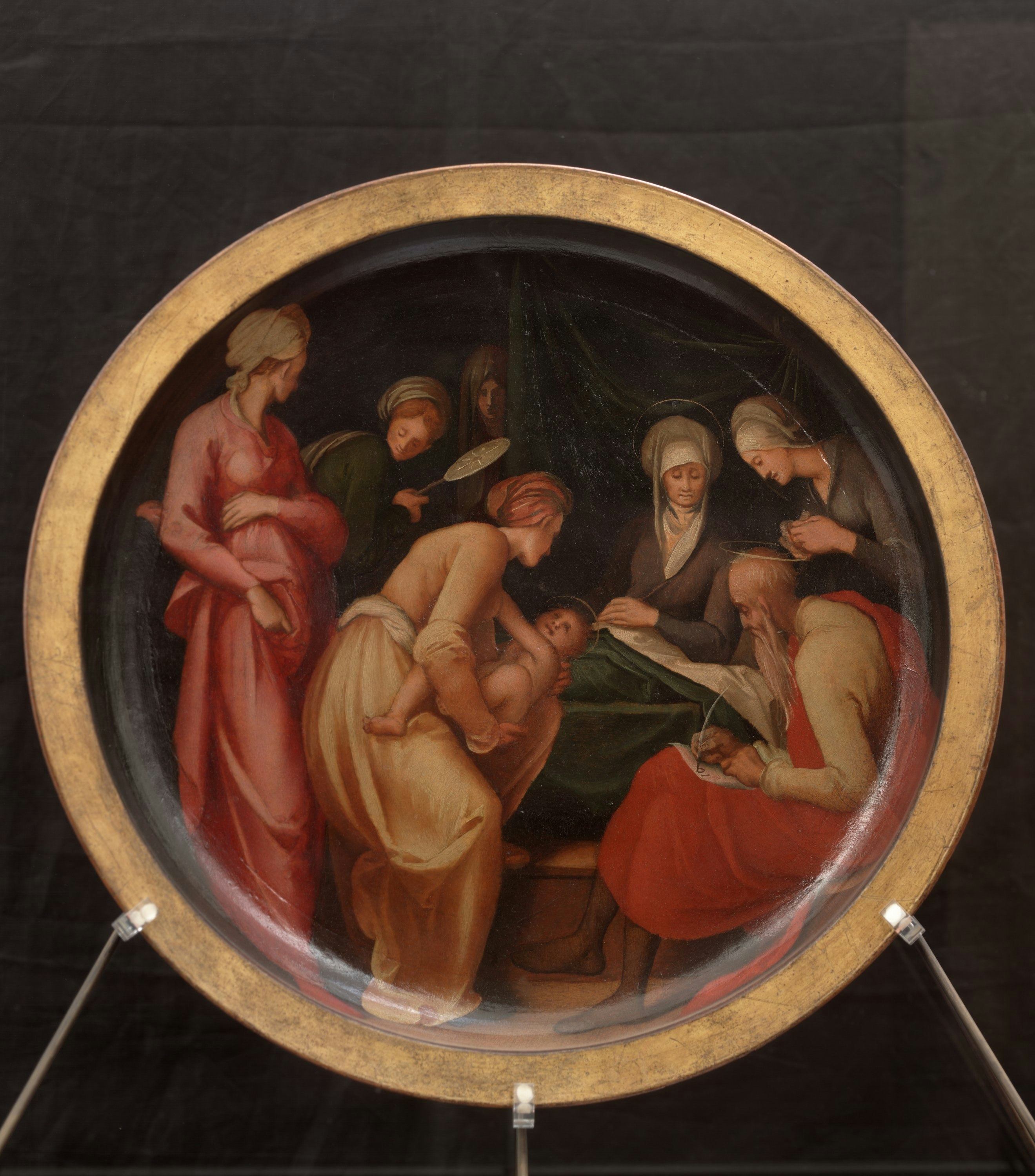 Birthing tray. Birth of St John the Baptist (back), coats of arms for the union of Girolamo della Casa and Lisabetta Tornaquinci (front)