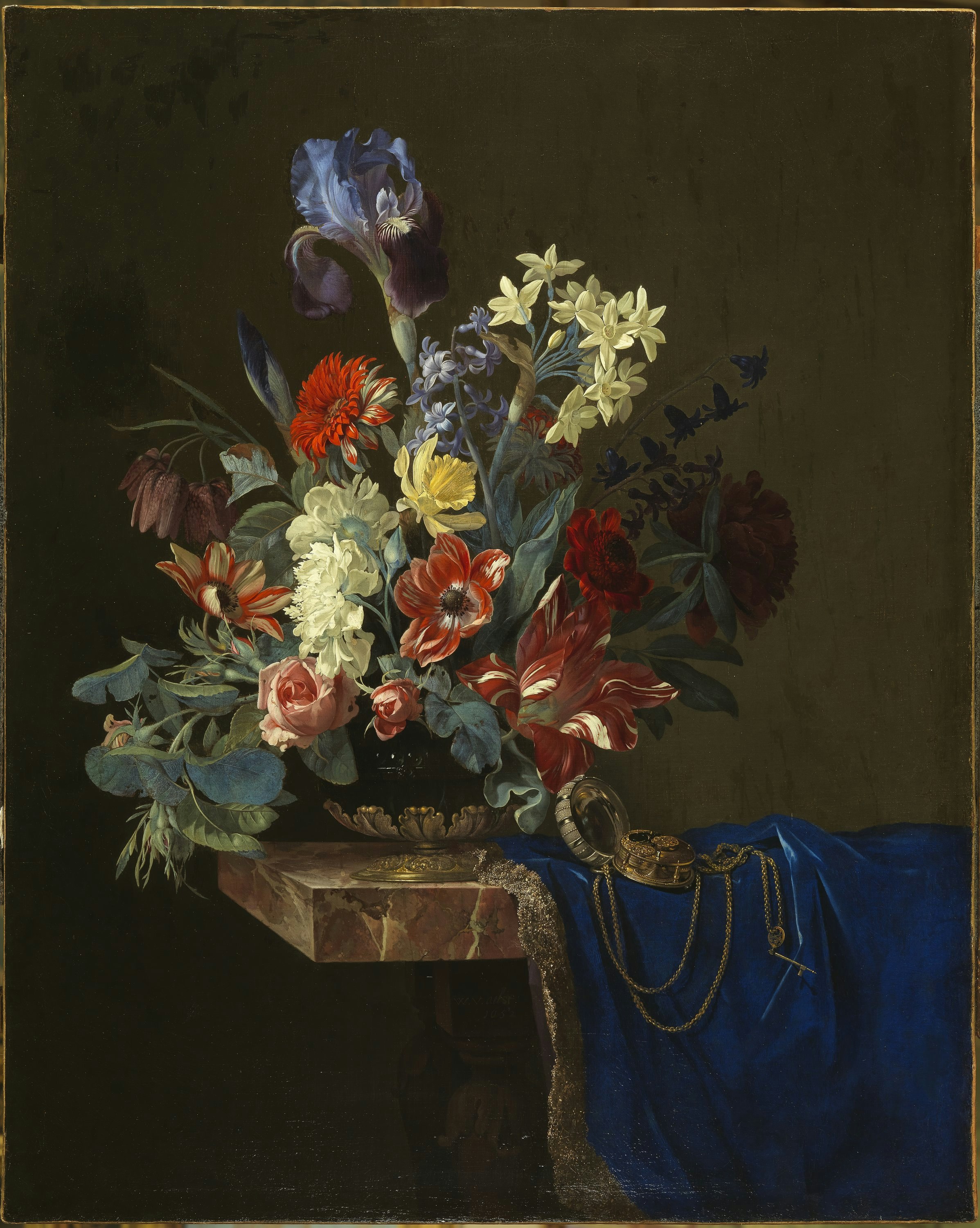 Vase of flowers with watch