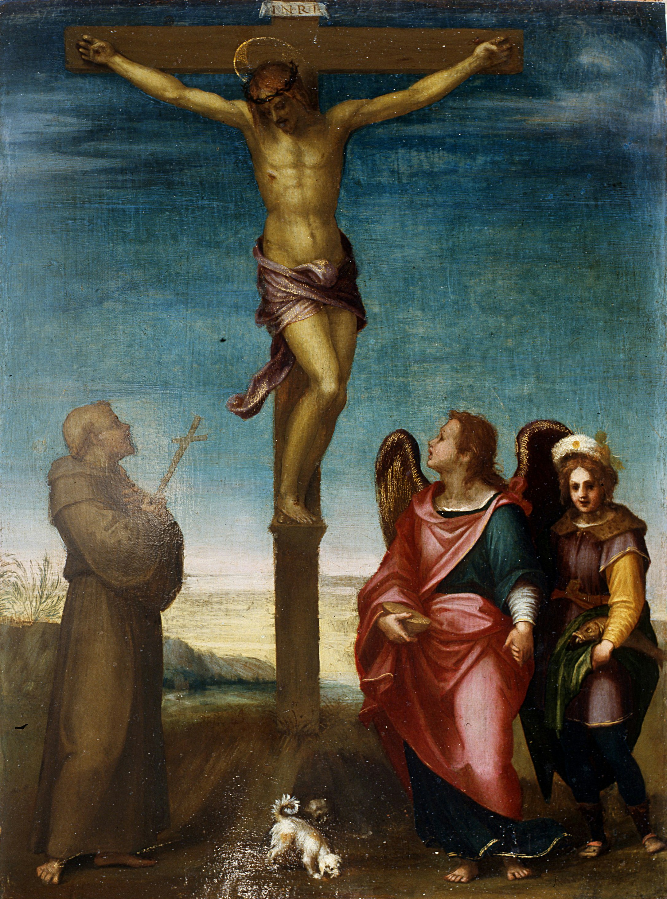 Crucifix with St Francis, Archangel Raphael and Tobiolo