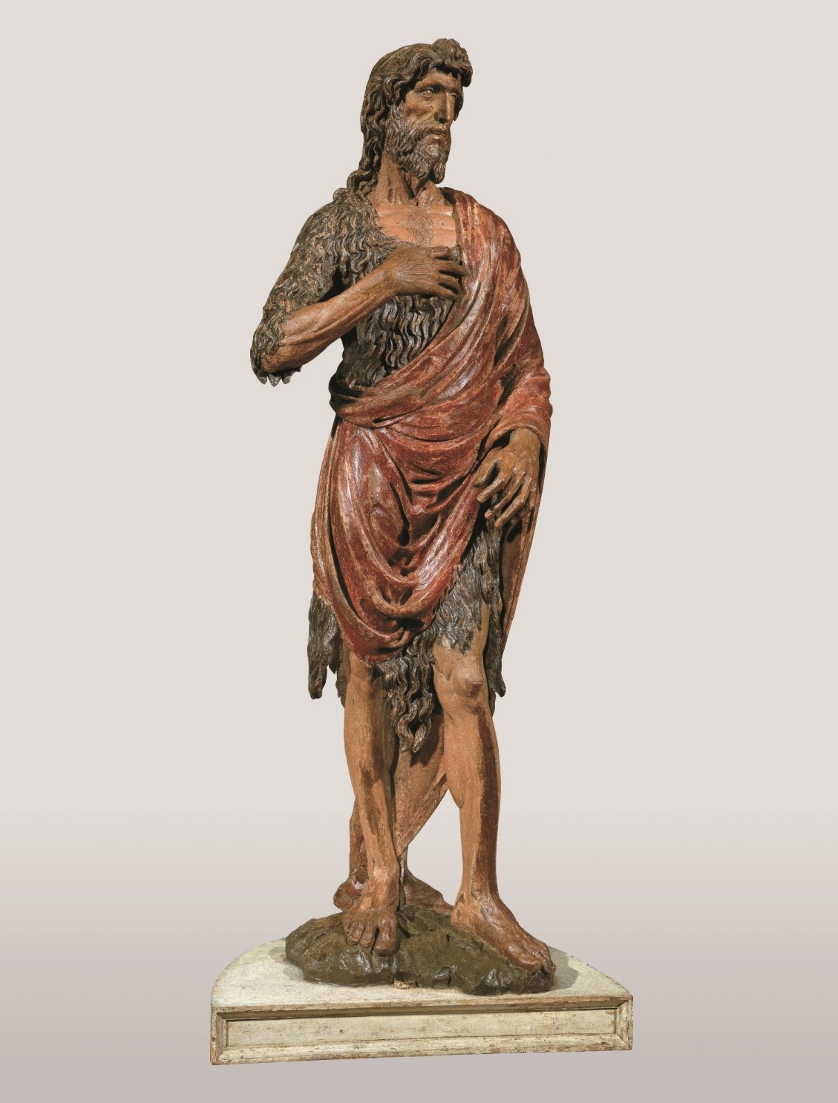 "Fece di scoltura di legname e colorì". 15th-century Florentine painted wood sculpture
